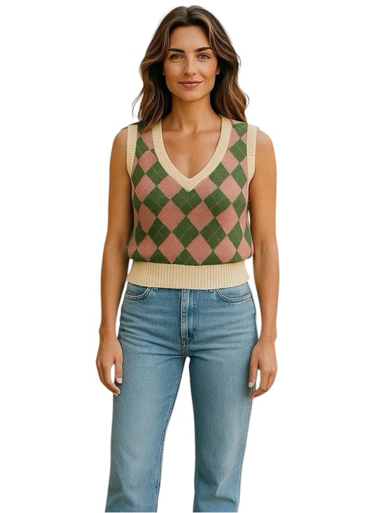 Double Zero Sweaters - NWT Double Zero Argyle Crop Sweater Vest Pink Green Ivory Size L Preppy